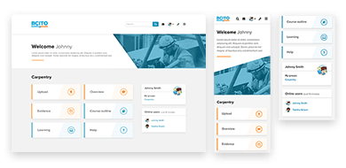 Desktop and mobile UI of the dashboard page. It welcomes the user Johnny (an apprentice). Here he can quickly access his overview and evidence pages, as well as upload evidence.