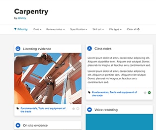 A cropped view of the file library UI. The title reads Carpentry by Johnny. Underneath the title is filtering options, followed by individual assets laid out in a tile like design.