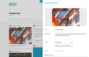 Desktop view of the file library showing the detailed asset view. When a piece of evidence is selected, a draw like modal slides in from the right. The evidence is a picture of a builder hammering nails.