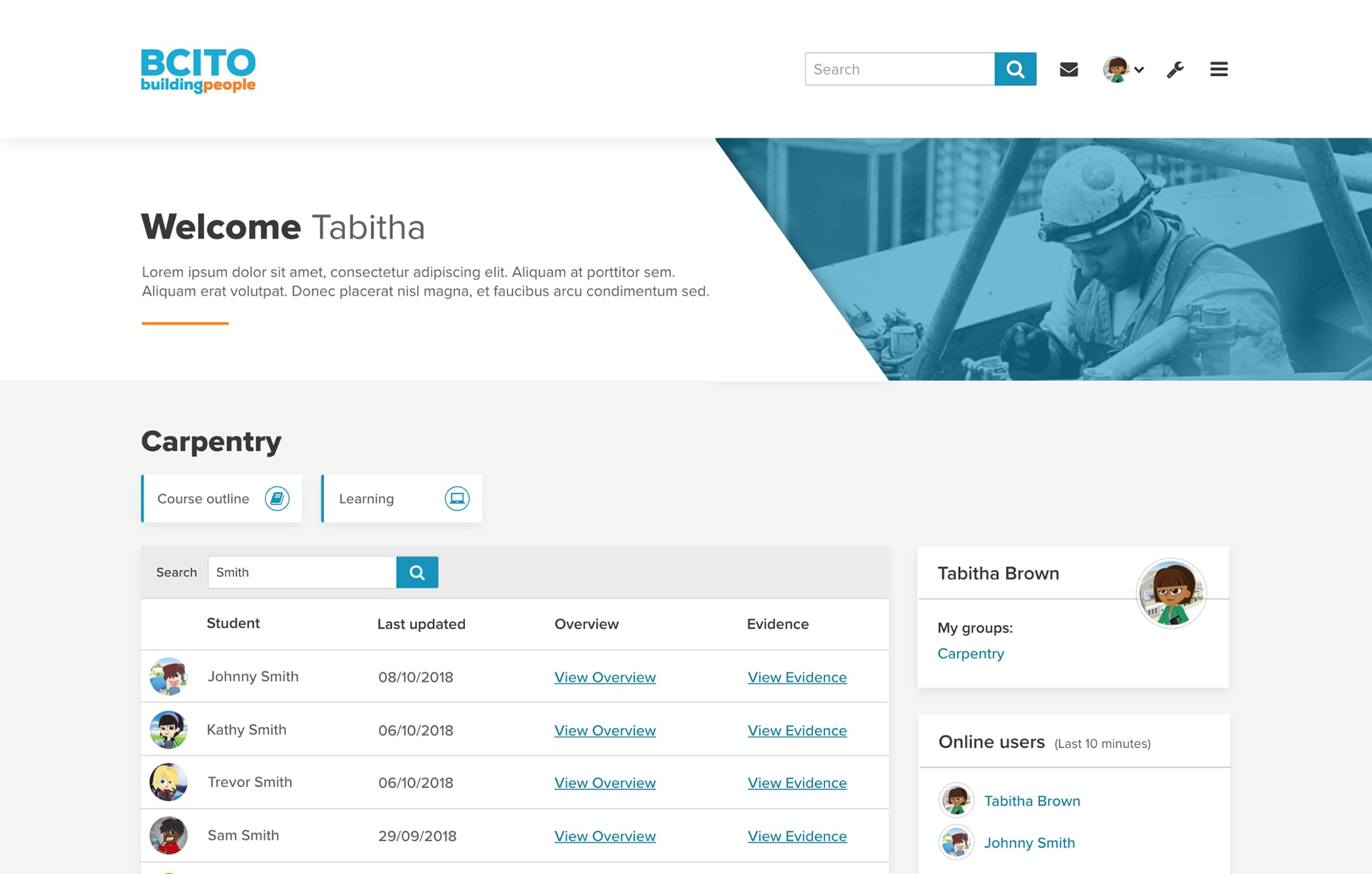 Desktop UI of the dashboard page. It welcomes the user Tabitha (a supervisor). Here she can browse through a list of her students to view their work/progress.